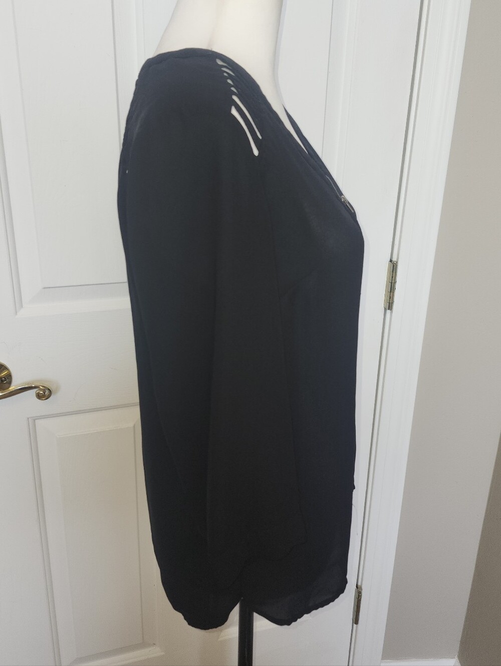 Bongo Black Semi Sheer Blouse, Cutouts At Shoulders, Zip Neck, M - Picture 3 of 7
